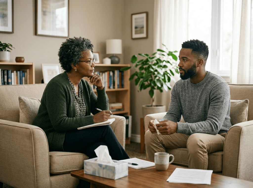 A therapist and a patient having a counseling session in a cozy office