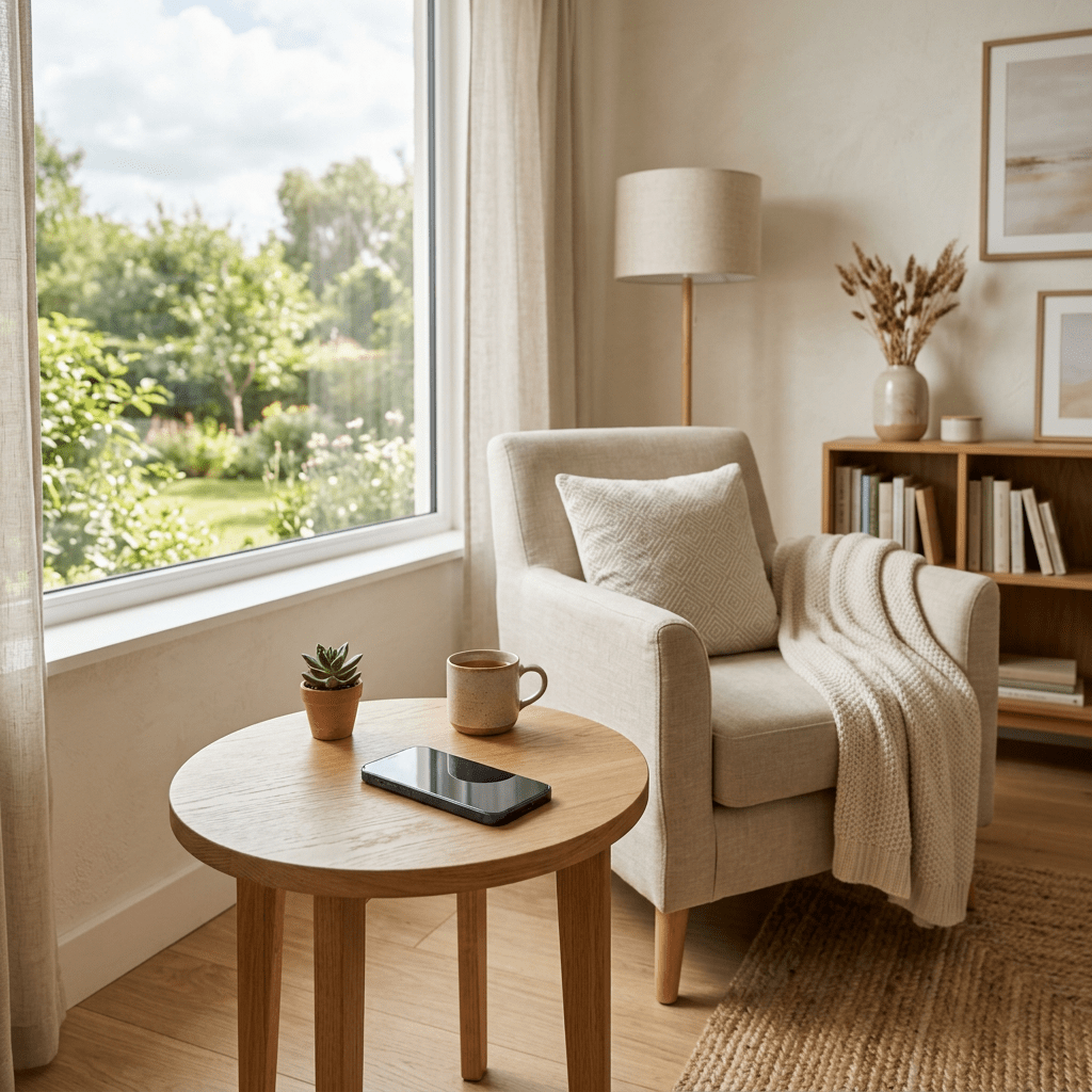 Serene room with phone on table