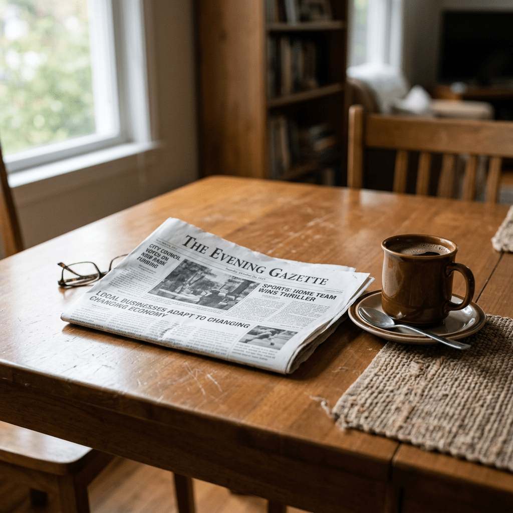 Folded newspaper titled The Evening Gazette next to a brown coffee cup with saucer and spoon on a wooden table